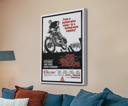 The Great Escape 1963 film poster on canvas with motorcycle imagery and red typography