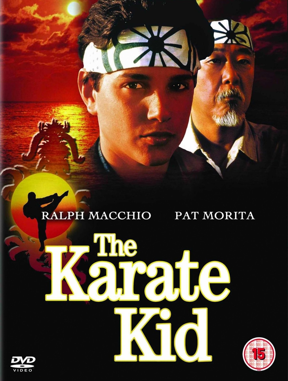 The Karate Kid movie poster featuring Ralph Macchio and Pat Morita against a fiery red sunset with dragon silhouette