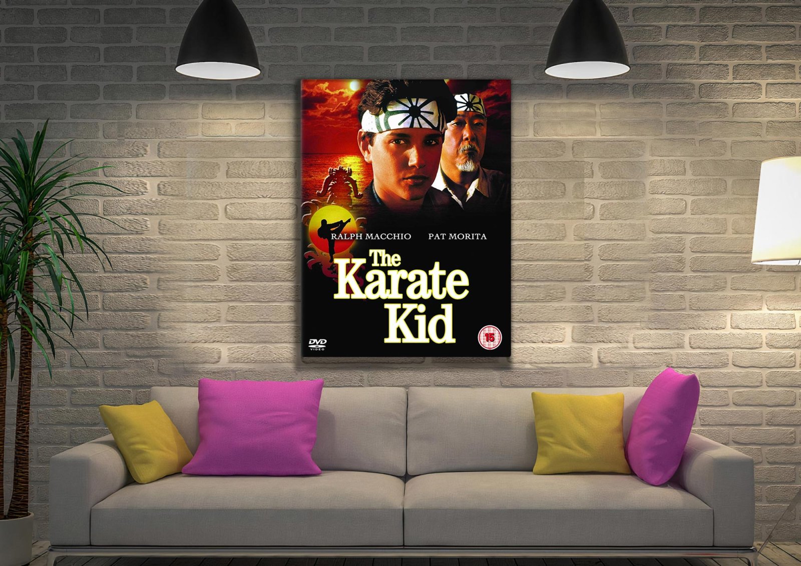 The Karate Kid canvas print of the 1984 film poster with Ralph Macchio and Pat Morita against a fiery red sunset and dragon motif