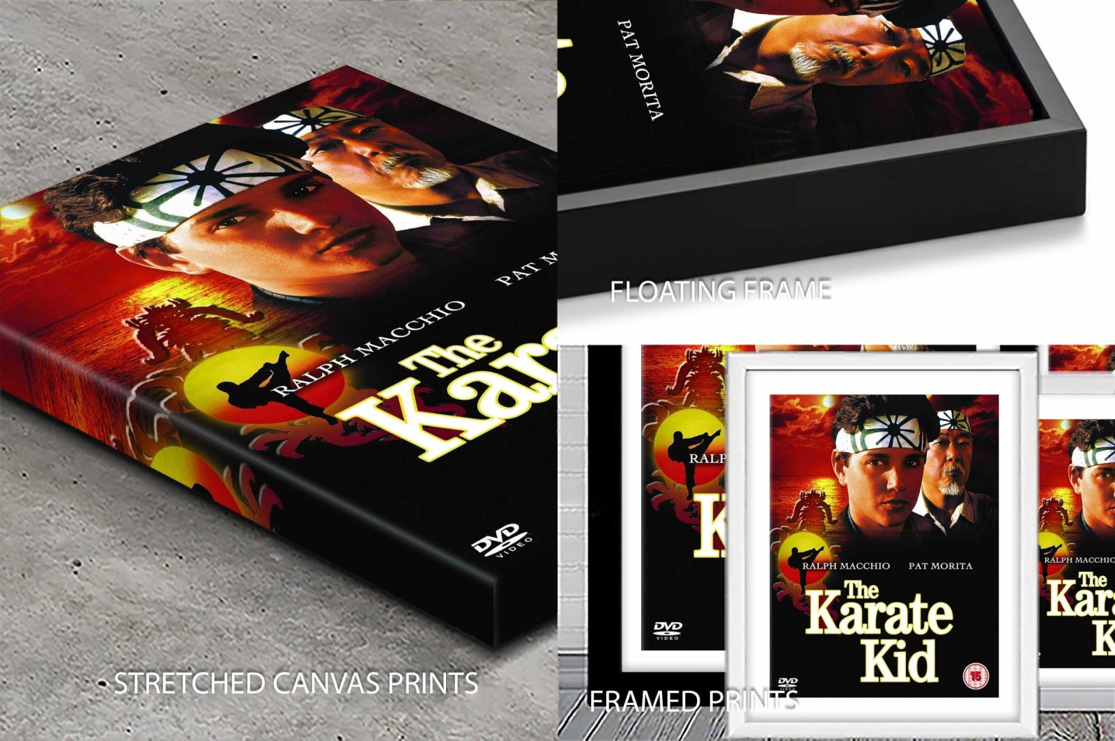 The Karate Kid movie poster showing Ralph Macchio and Pat Morita in stretched canvas, floating frame and framed print formats