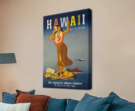 Vintage Hawaii travel poster with tropical island scenery and bold retro lettering.