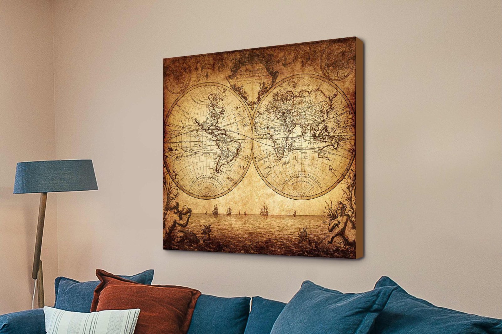 Old English world map on stretched canvas with ornate sepia cartography