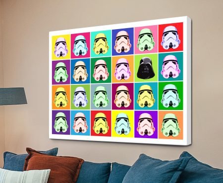 Warhol-style grid of Stormtrooper helmets in pastel pinks, yellows, mints and lilacs with one hidden Darth Vader helmet