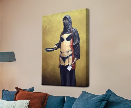 Banksy stencil of a woman in an apron on canvas