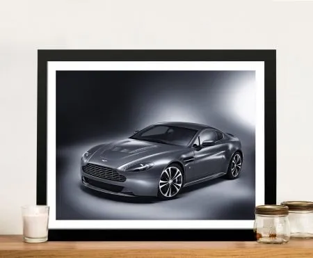 Framed print of an Aston Martin V12 Vantage, sleek automotive tones for a bold study