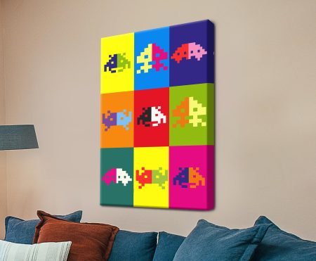 Warhol Space Invaders canvas print with a colourful arcade alien