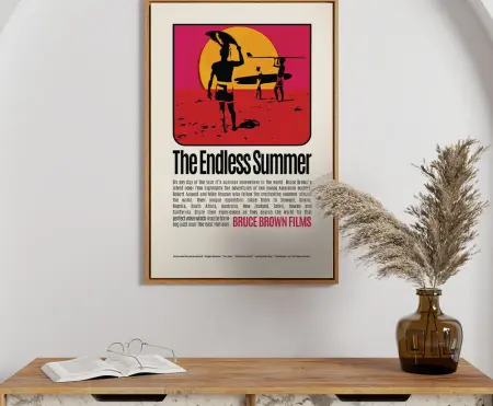 The Endless Summer vintage surf movie poster canvas print - retro 1960s surfing art with silhouette surfers at sunset on beach