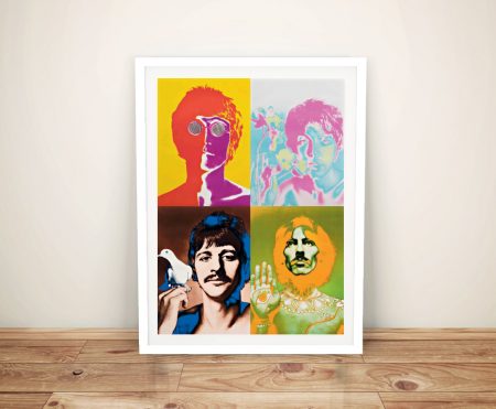 Stretched canvas of The Beatles in Warhol pop art style with repeated colourful faces