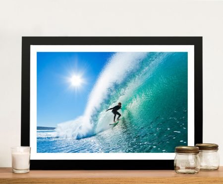 The Ride framed surf print with a surfer carving a breaking wave