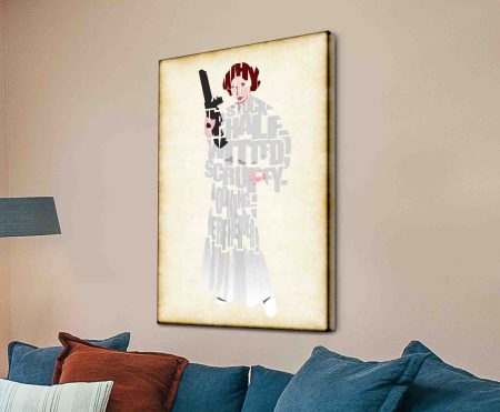 Princess Leia typography wall art canvas built from quote text on cream parchment in a beige lounge