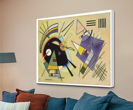Black and Violet by Wassily Kandinsky, a 1923 abstract of a black mass, lavender wedge and drifting lines on cream