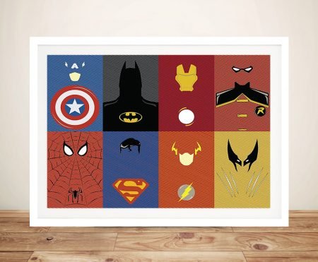 Framed canvas collage of Marvel characters, bold vivid palette for a games room