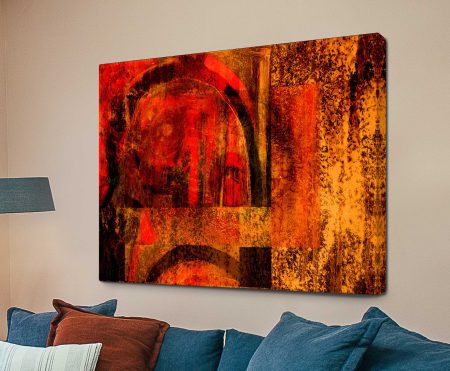 Looking Out From Within, fiery reds, burnt oranges and rusted browns over arched and rectangular forms