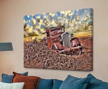 Sunset canvas artwork with warm gold and rose bands over the horizon