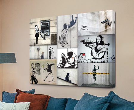 Banksy Mono Colour Collage canvas artwork street art monochrome