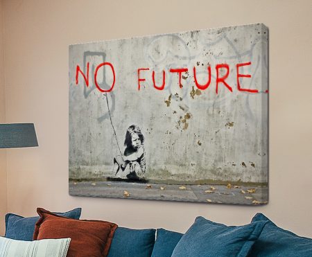 Banksy No Future stencil of a child reaching up beneath the words No Future