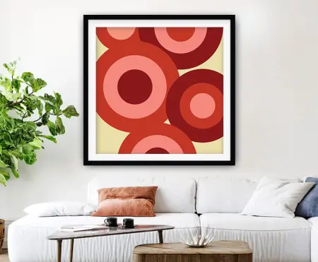 Seventies circles grid in mustard, brown and cream, framed print