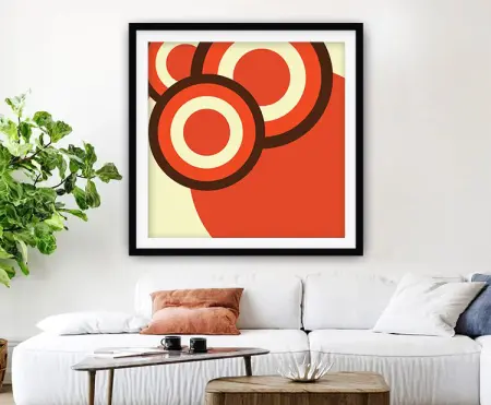 Bold retro geometric composition in warm mid-century tones, framed wall art