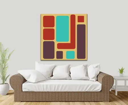 Colourful geometric abstract packed with warm and cool shapes on canvas