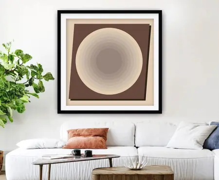 Retro grey concentric circles pattern on a neutral ground, framed print