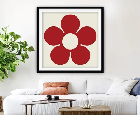 Single bold red flower in a retro seventies style, framed wall art