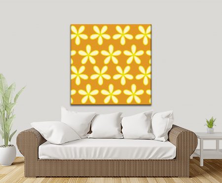 Yellow retro flowers repeated in a warm seventies pattern on canvas