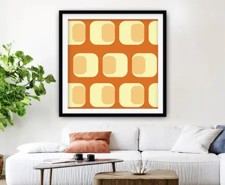 Orange rectangle blocks in a seventies-inspired geometric pattern, framed wall art