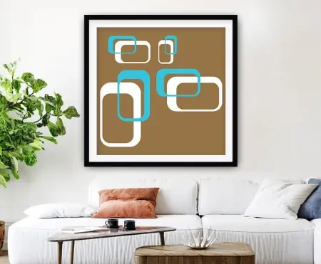 Retro 70s rectangle blocks in ochre and rust tones, framed print