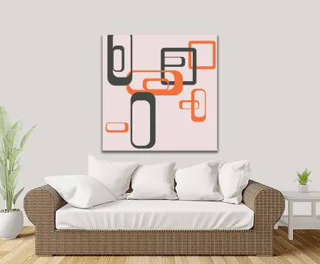 Angular retro geometric pattern in grey and burnt orange on canvas