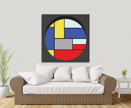 Modernist canvas print mixing circles and grid blocks in primary colours