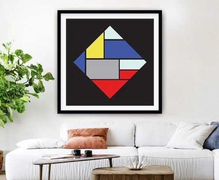 Framed vintage geometric grid print with muted primary colour blocks
