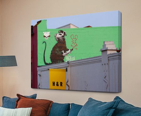 Banksy stencil of a rat in a Soviet-style pose, monochrome graffiti canvas print