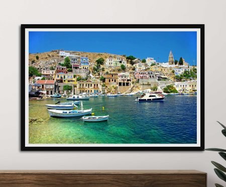 Greek coastal view with whitewashed village above a sparkling sea
