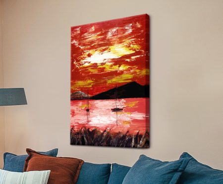 Night Storms expressionist seascape with a blazing red and gold sky reflected over sailboats