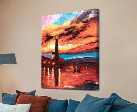 Leonid Afremov Firey Lighthouse contemporary canvas wall art over navy lounge
