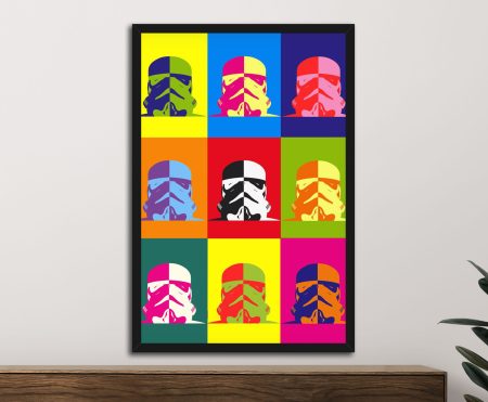 Framed print of a Warhol style Stormtrooper pop art, vivid colour mood for a Perth study