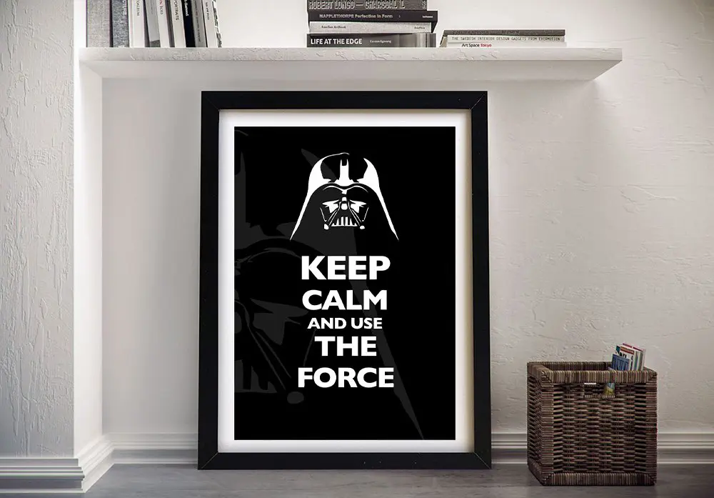 Framed Keep Calm and Use the Force print with a white Vader helmet on black