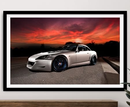 Silver sports car at sunset, framed print