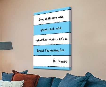 Dr Seuss balancing-act quote in bright blue with playful type