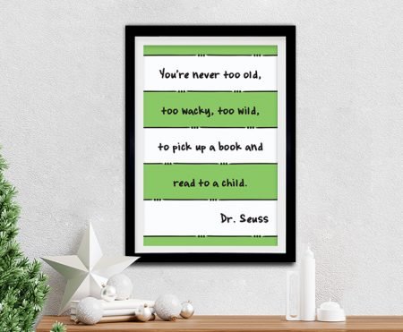 Dr Seuss read to a child striped quote framed print with bold lettering