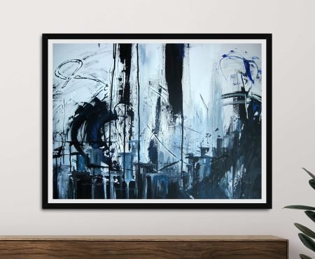 Abstract Midnight in the City framed print in black frame above timber sideboard, featuring moody blue and black brushstrokes