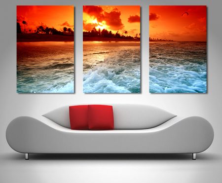 Red Ocean Skies Triptych art print, coastal landscape artwork
