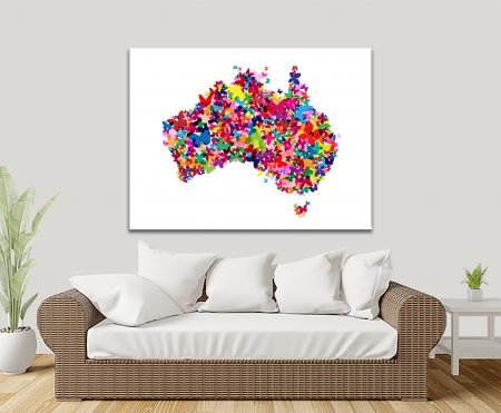Colourful butterfly map of Australia on canvas