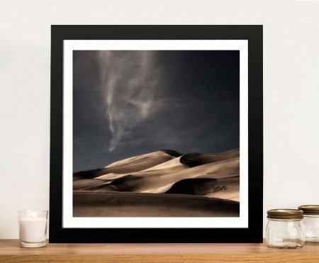 Framed print of Desert Sand Dunes, warm rippling sand under soft light