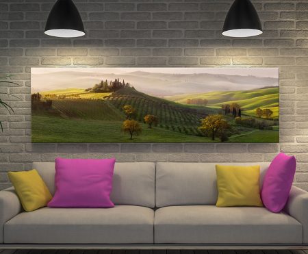 Panoramic canvas of a French vineyard, warm golden palette for a Perth dining room