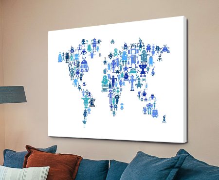 Robot Map of the World Map by Michael Tompsett, world map print