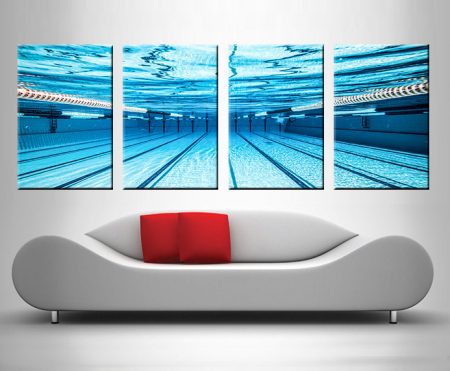 Swimming pool underwater four-panel, cool aqua ripples and dappled light across the water