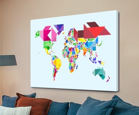 Michael Tompsett's abstract world map built from colourful tangram-style geometric shapes