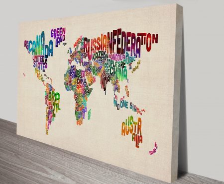 Text Map World canvas wall art, modern gallery artwork