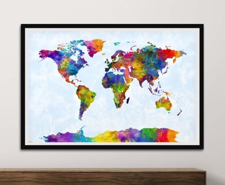 Watercolour world map rendered in soft washed blues and ochres as a framed wall art print